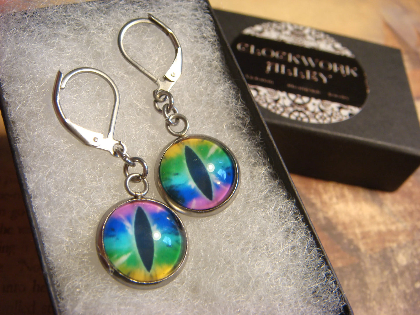 Colorful Eye Image Stainless Steel Dangle Earrings