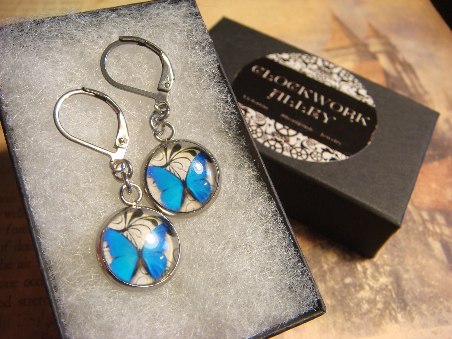 Blue Butterfly Image Stainless Steel Dangle Earrings