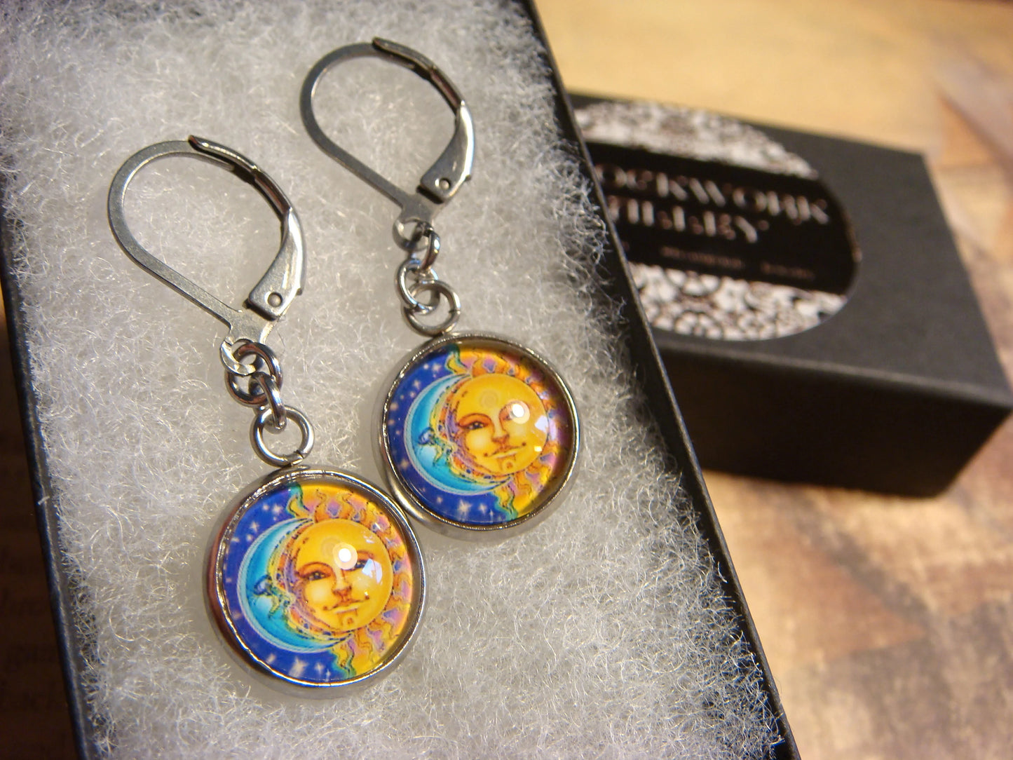 Moon and Sun Stainless Steel Dangle Earrings