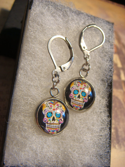 Sugar Skull Image Stainless Steel Dangle Earrings