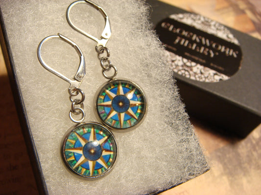 Compass Star Image Stainless Steel Dangle Earrings