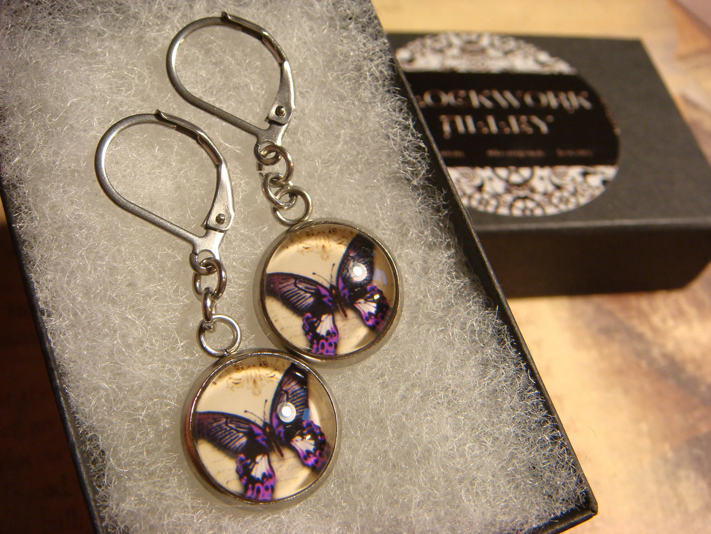 Purple Butterfly Image Stainless Steel Dangle Earrings