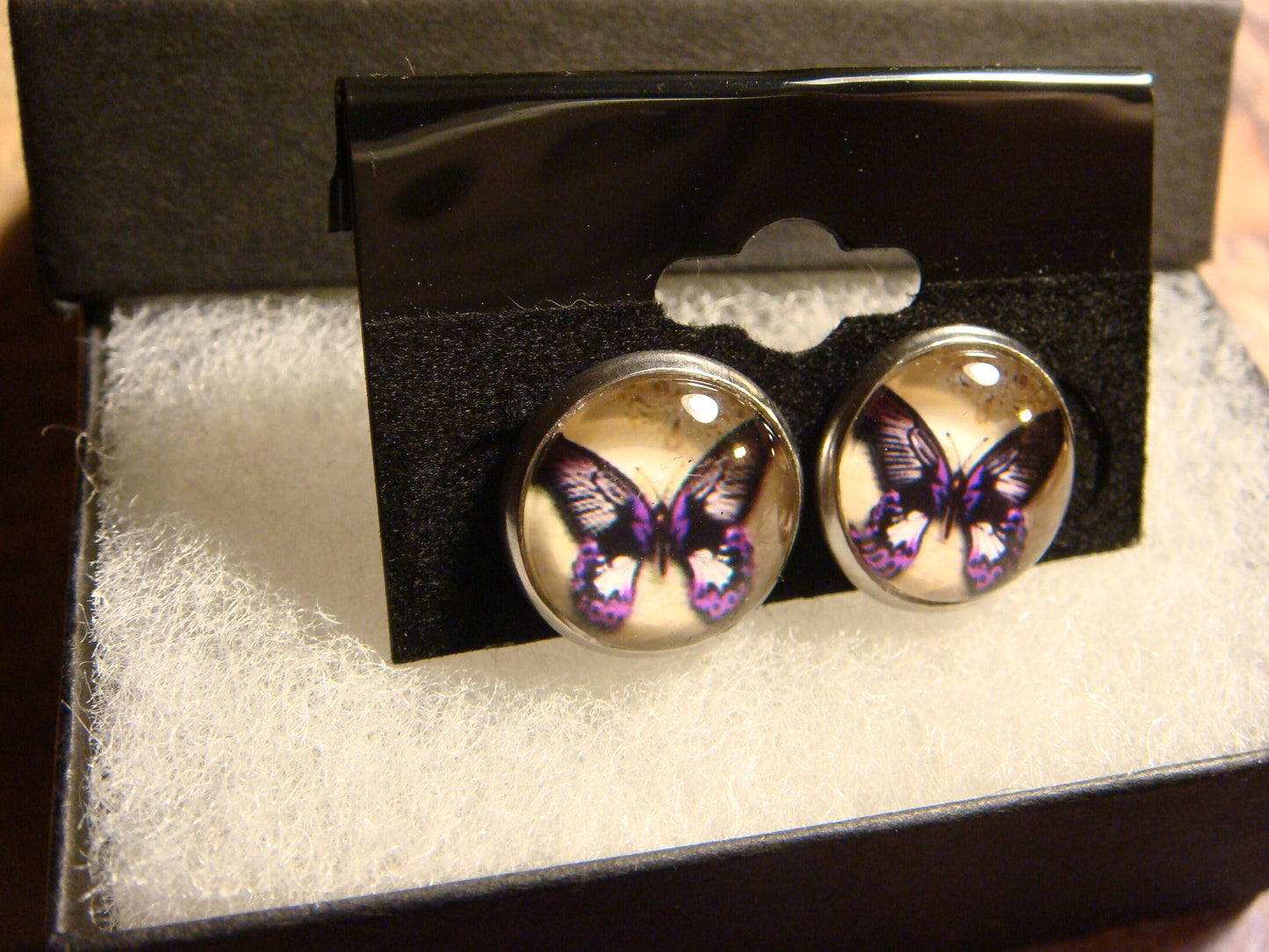 Purple Butterfly Image Stainless Steel Stud Earrings