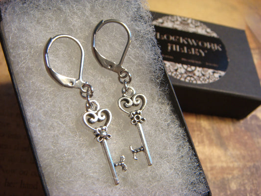 Key Dangle Earrings in Antique Silver