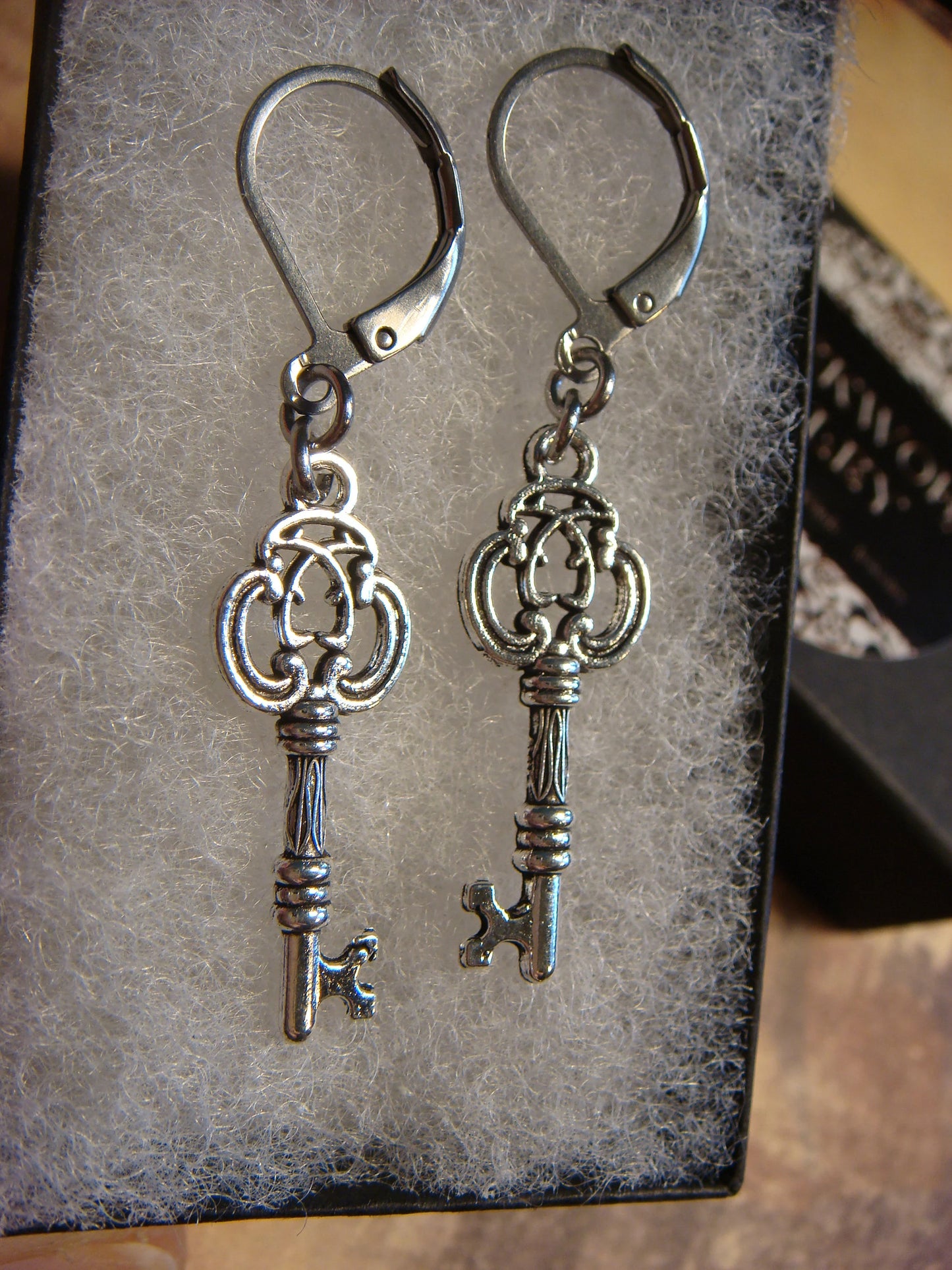 Key Dangle Earrings in Antique Silver