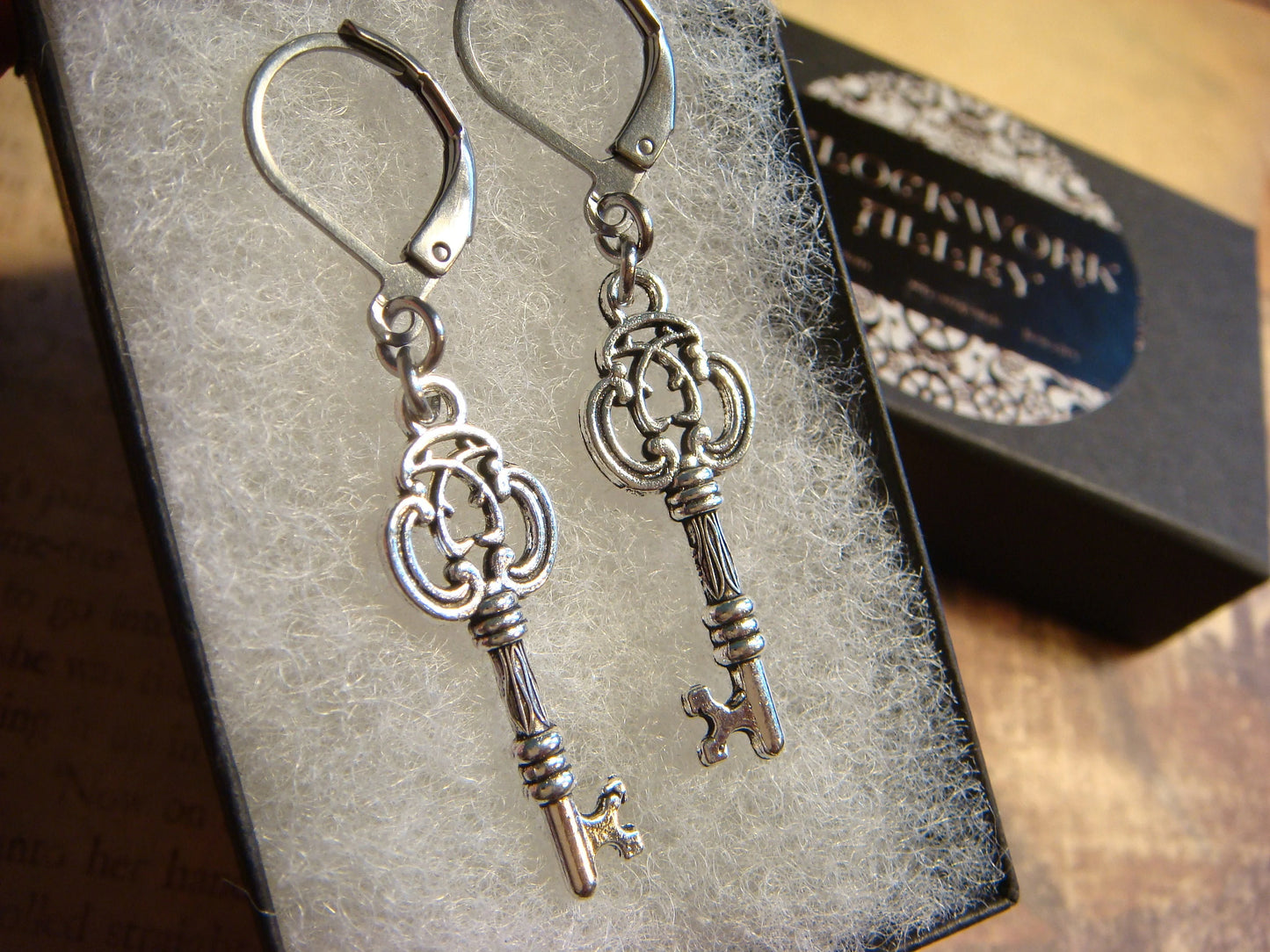 Key Dangle Earrings in Antique Silver