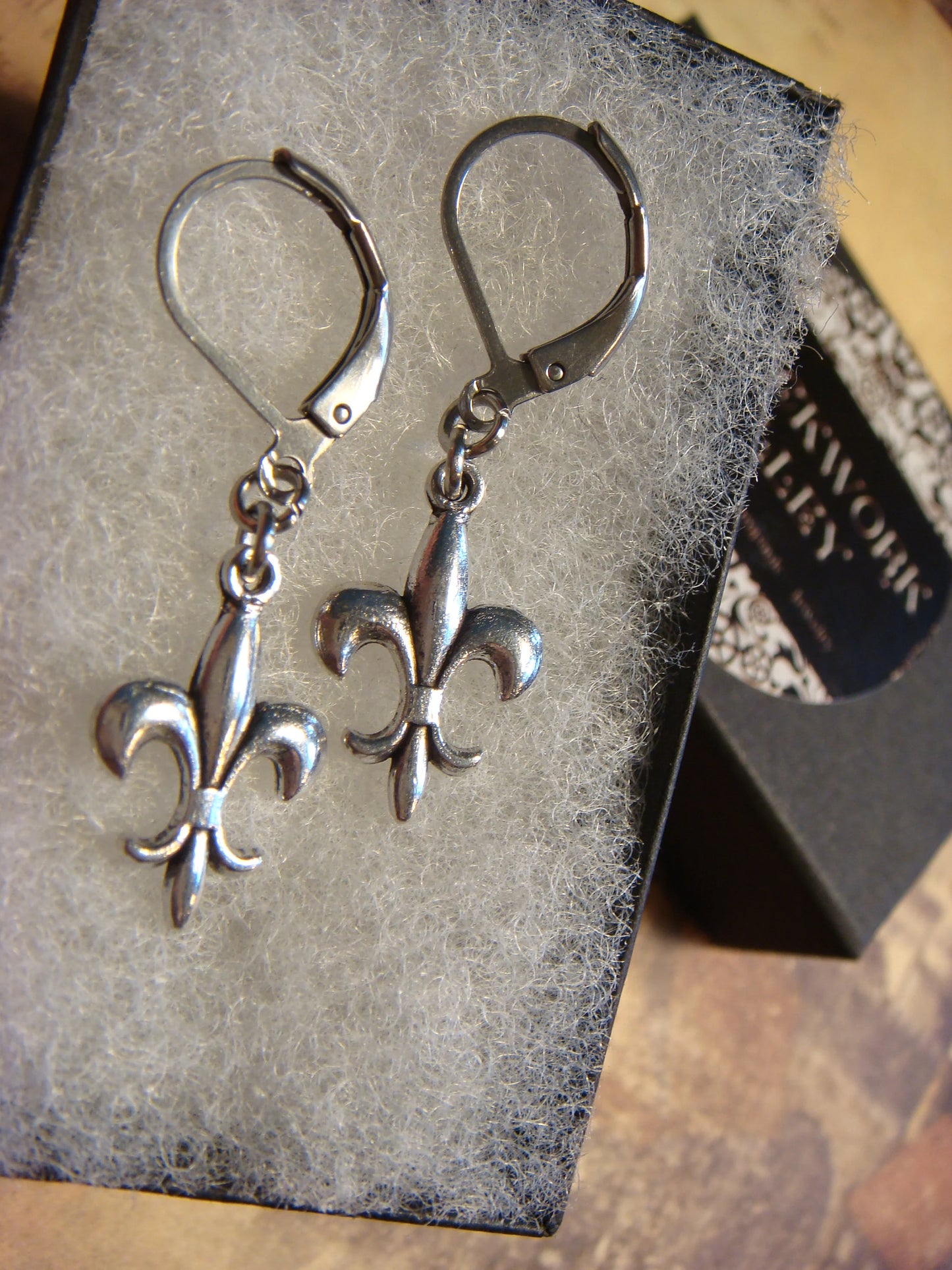 Fleur De Lis Dangle Earrings in Antique Silver