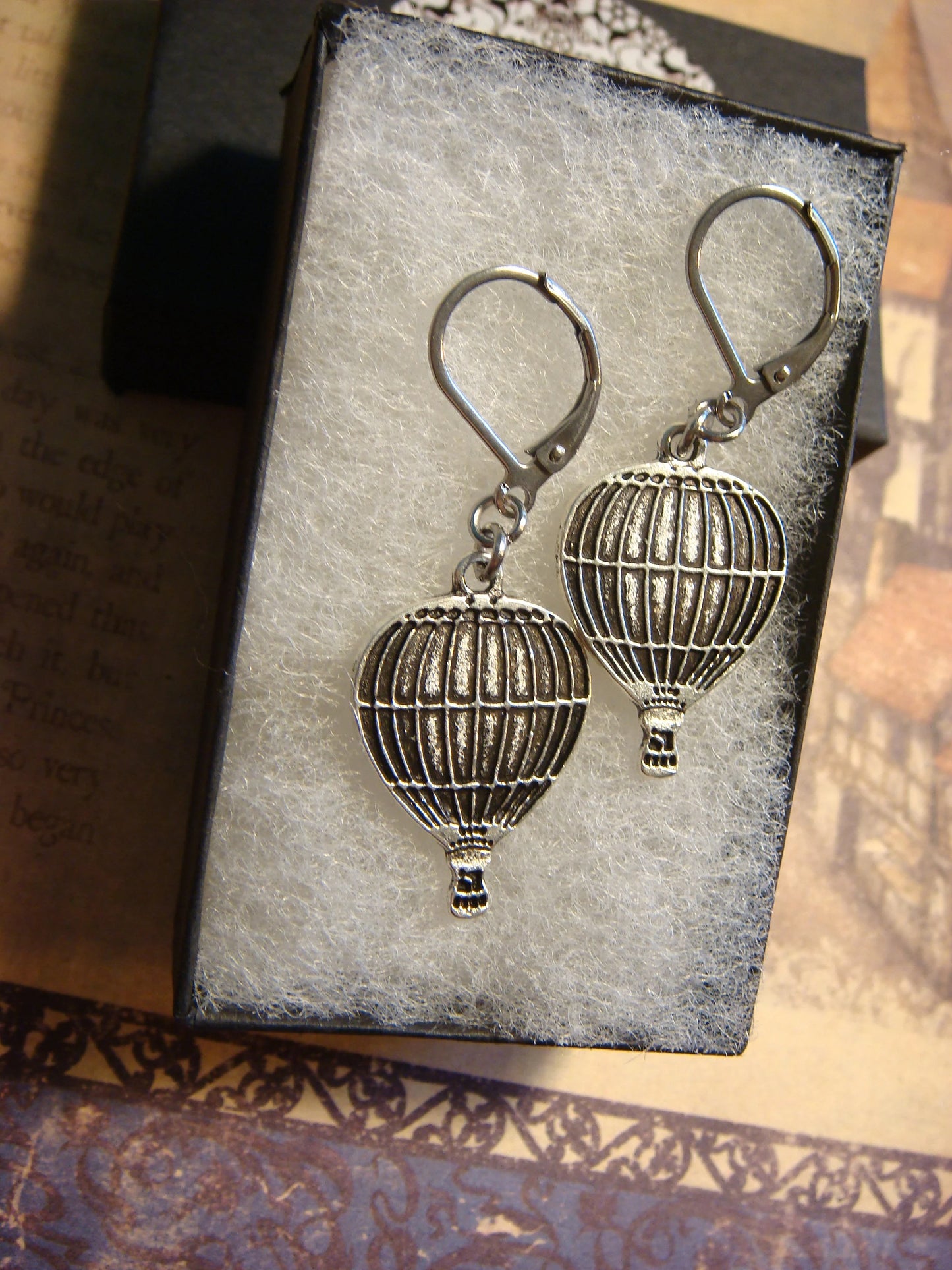 Hot Air Balloon Dangle Earrings in Antique Silver