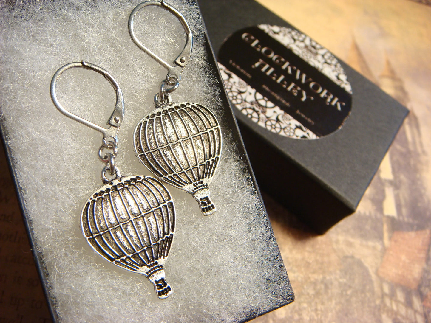 Hot Air Balloon Dangle Earrings in Antique Silver