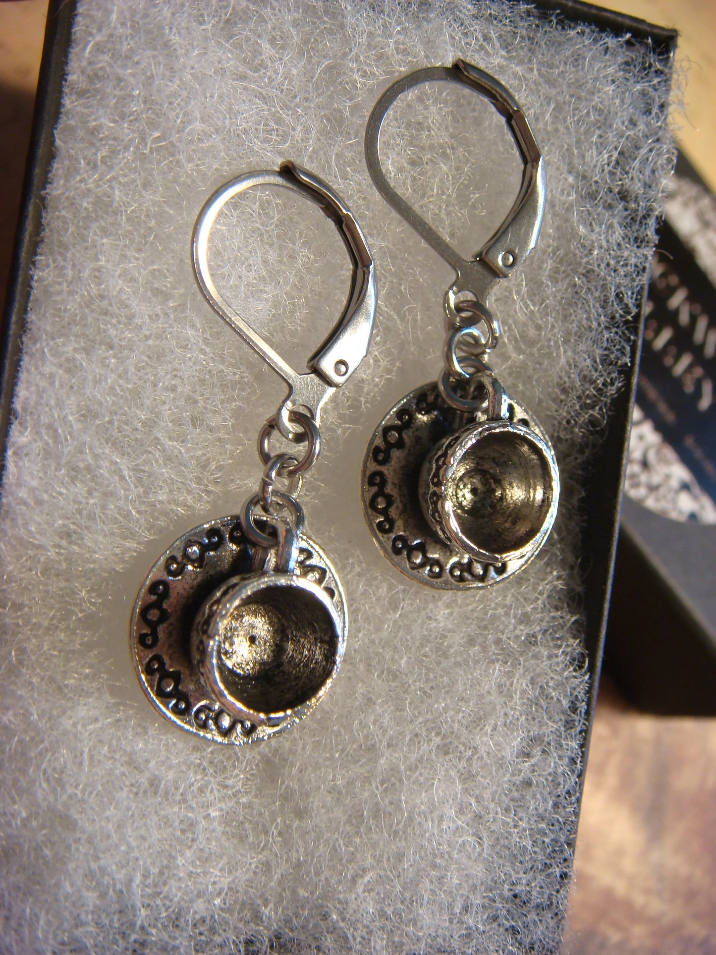 Tea Cup Dangle Earrings in Antique Silver