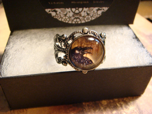 Raven Image Filigree Ring in Antique Silver - Adjustable