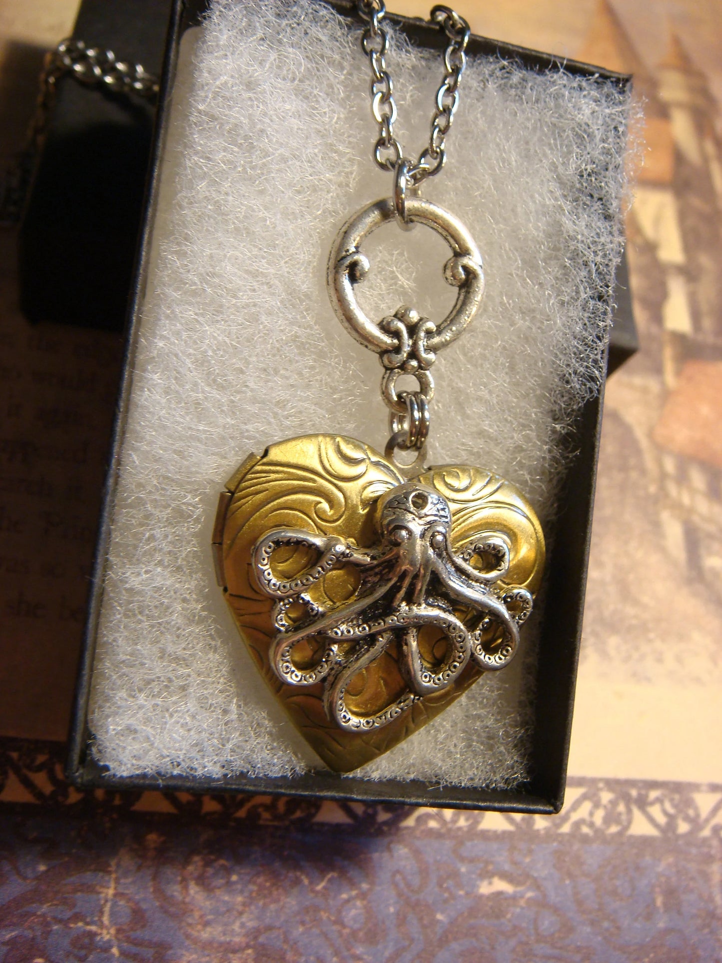 Octopus Heart Locket Necklace in Antique Silver and Bronze