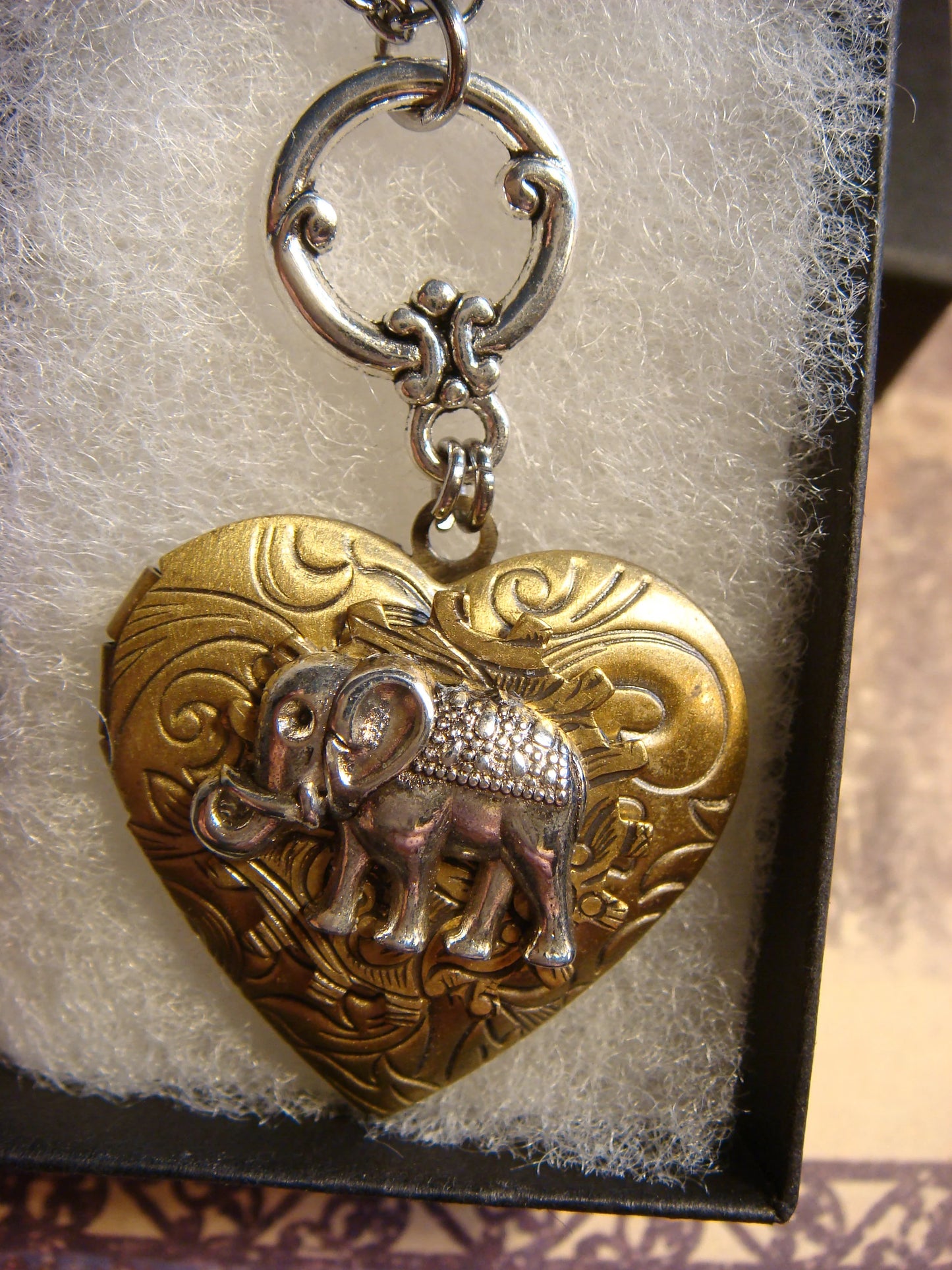 Elephant Heart Locket Necklace in Antique Silver and Bronze