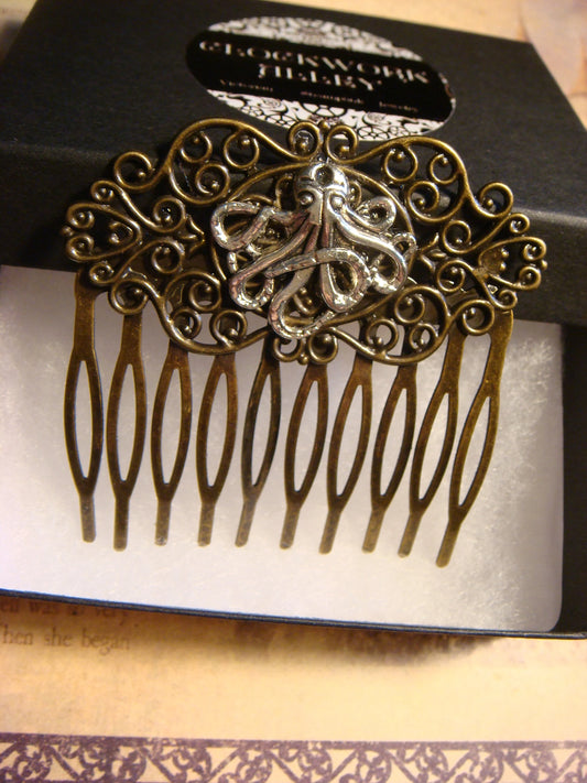 Octopus Hair Comb in Antique Bronze and Silver