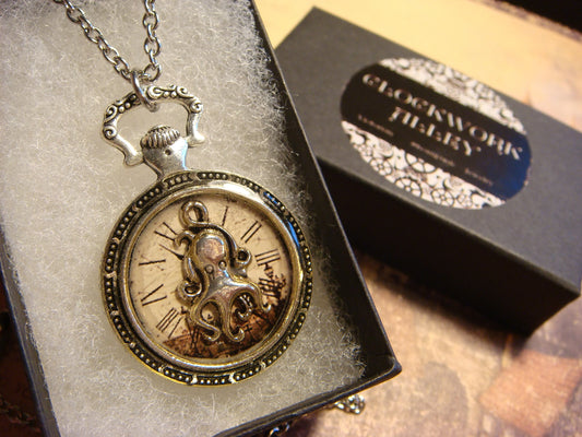 Octopus over Victorian Clock Pocket Watch Pendant Necklace