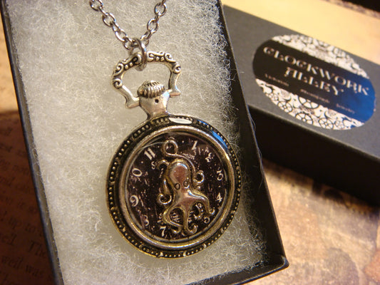 Octopus over Clock Pocket Watch Pendant Necklace