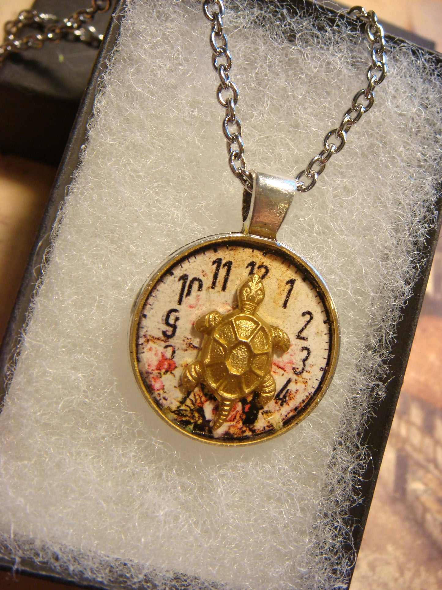 Turtle over Floral Clock Small Pendant Necklace