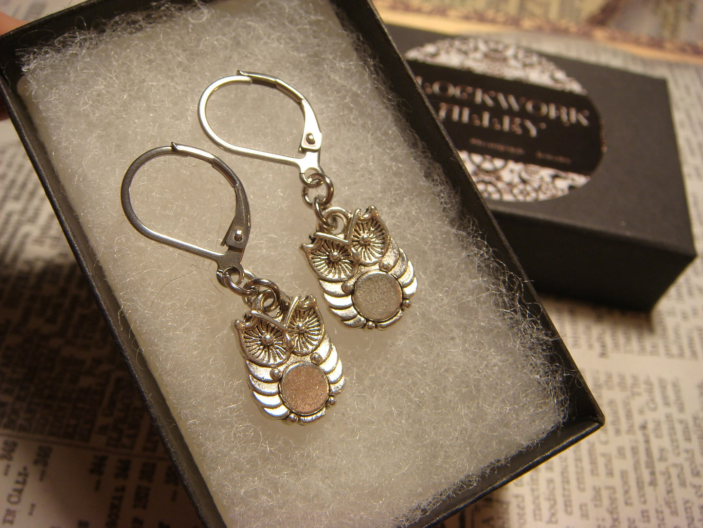 Owl Dangle Earrings in Antique Silver