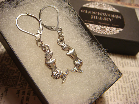 Mermaid Dangle Earrings in Antique Silver