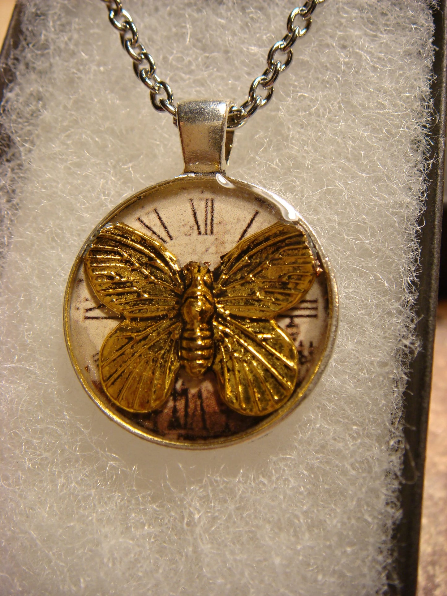 Butterfly over Victorian Clock Pendant Necklace