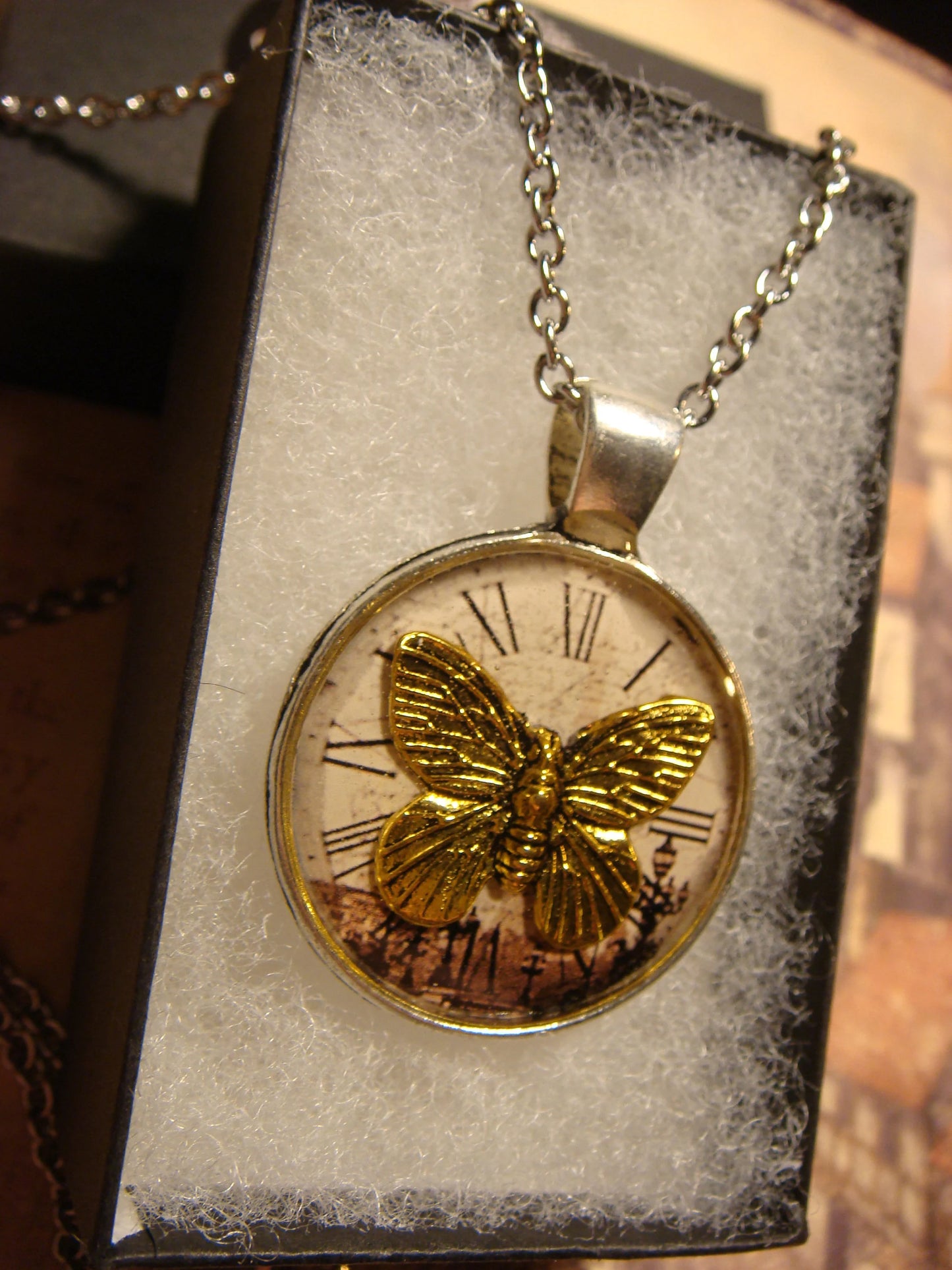 Butterfly over Victorian Clock Pendant Necklace