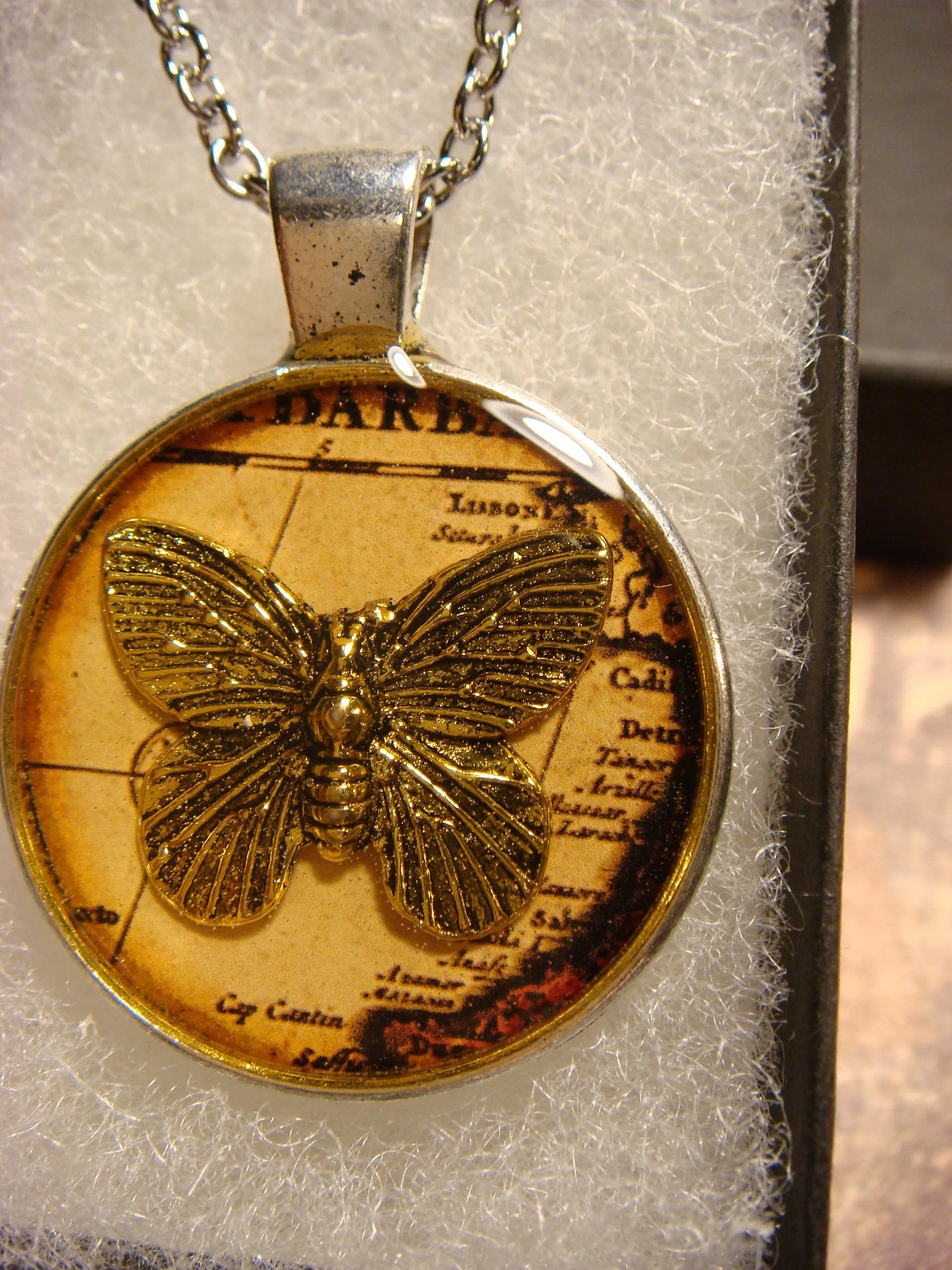 Butterfly over Map Pendant Necklace