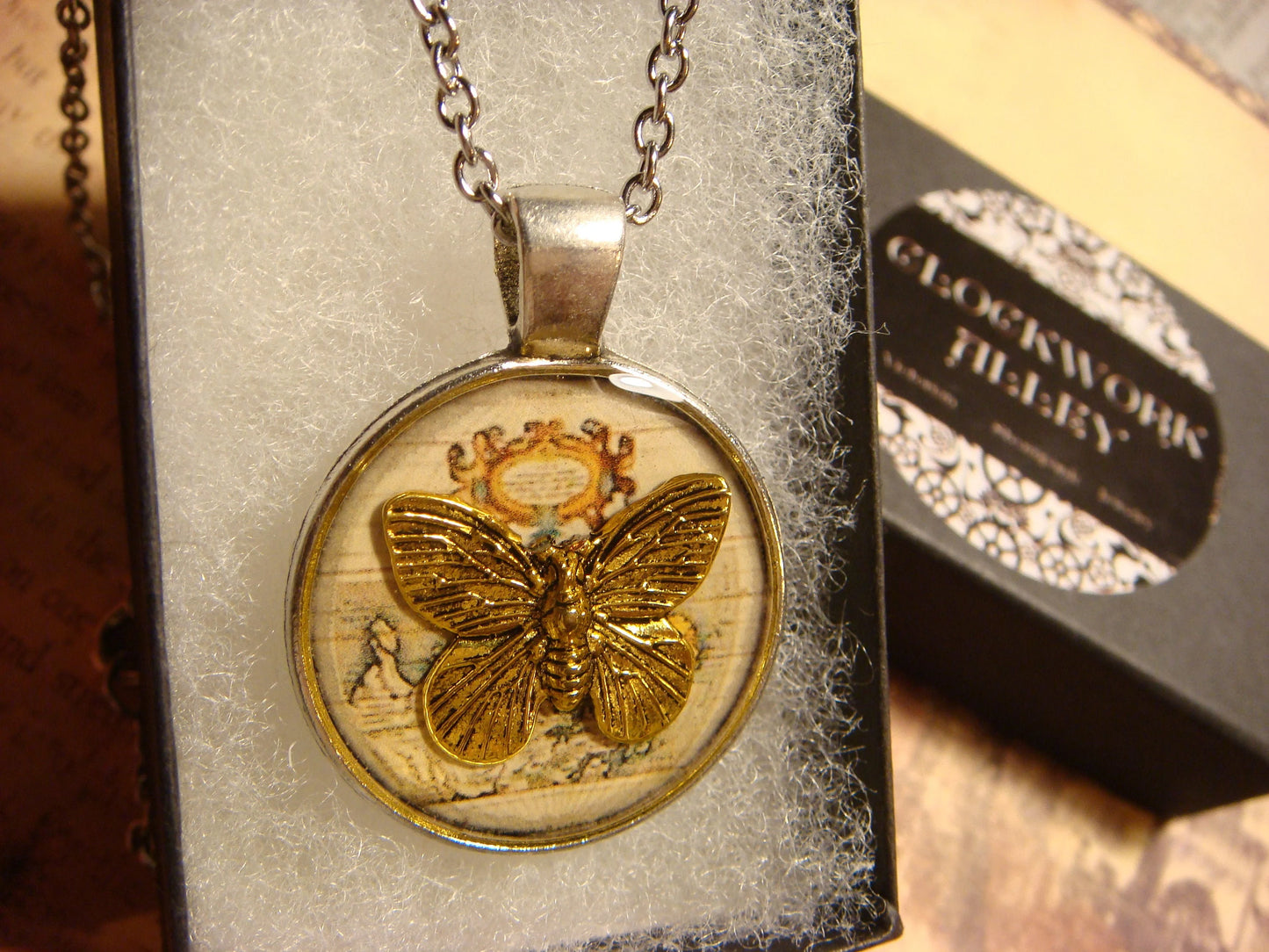 Butterfly over Map Pendant Necklace