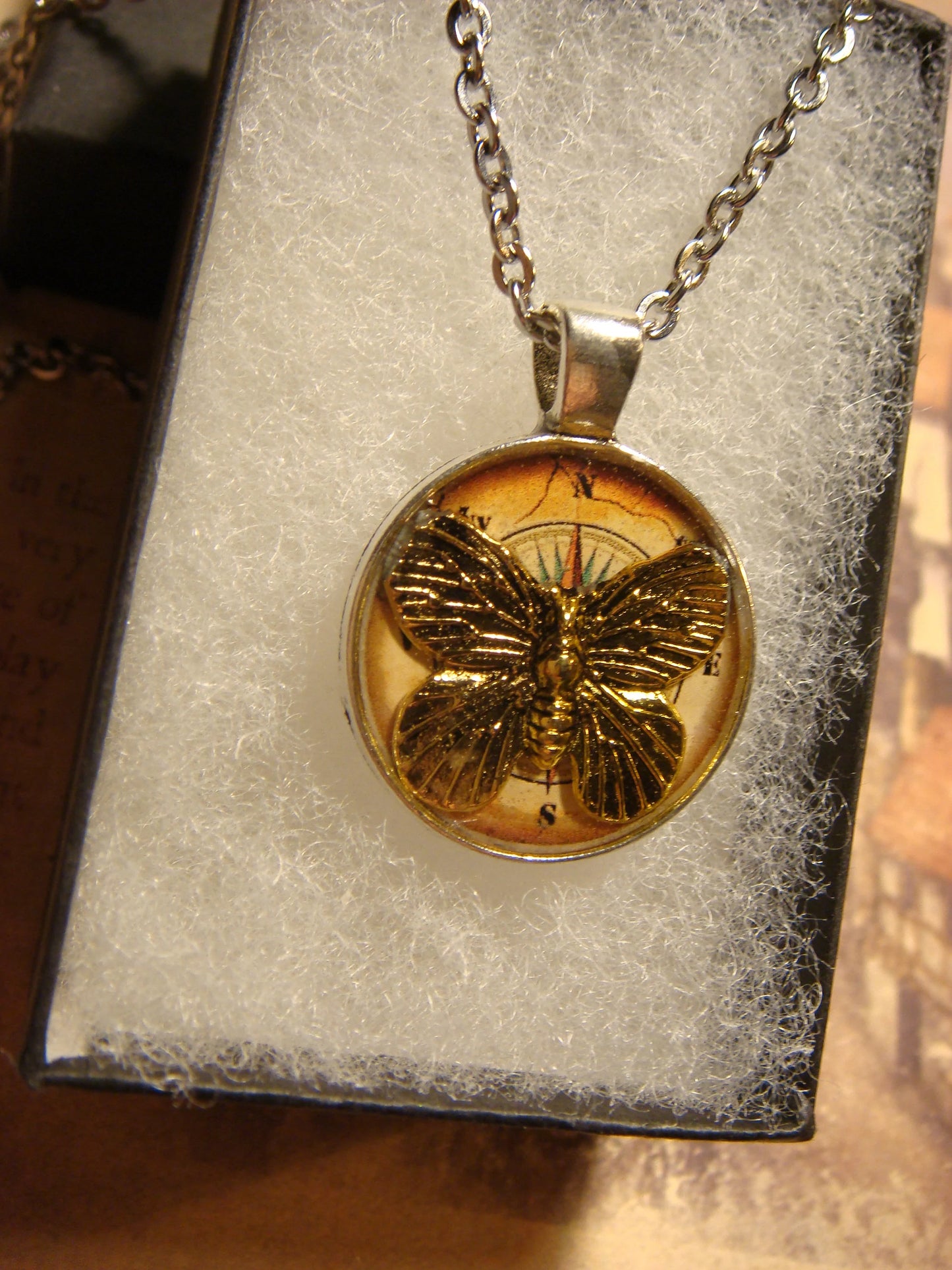 Butterfly over Compass Small Pendant Necklace