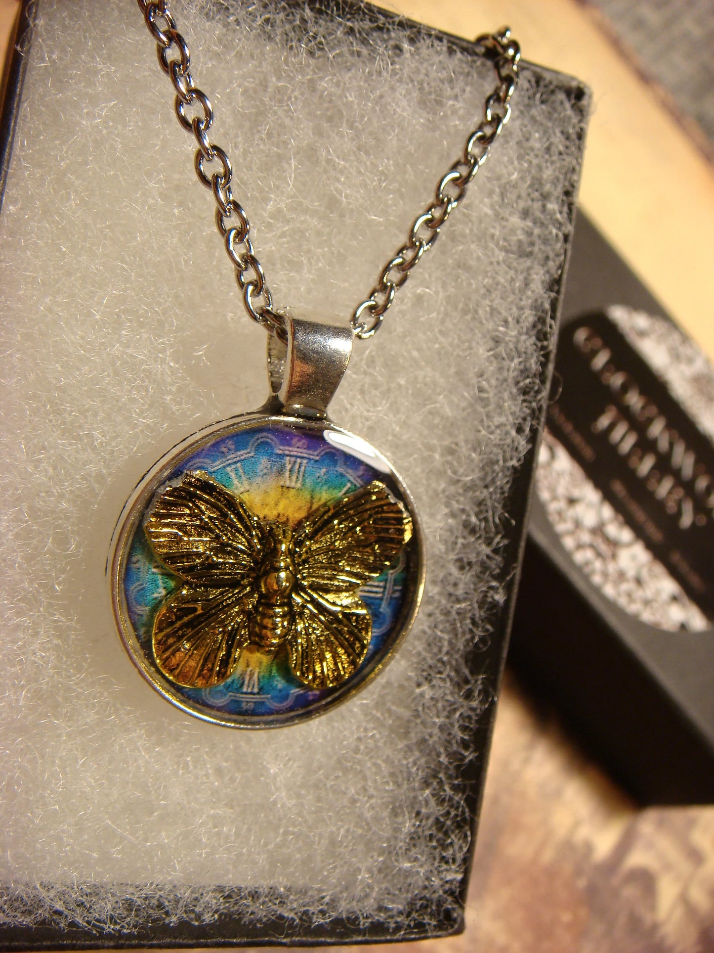 Butterfly over Colorful Clock Small Pendant Necklace