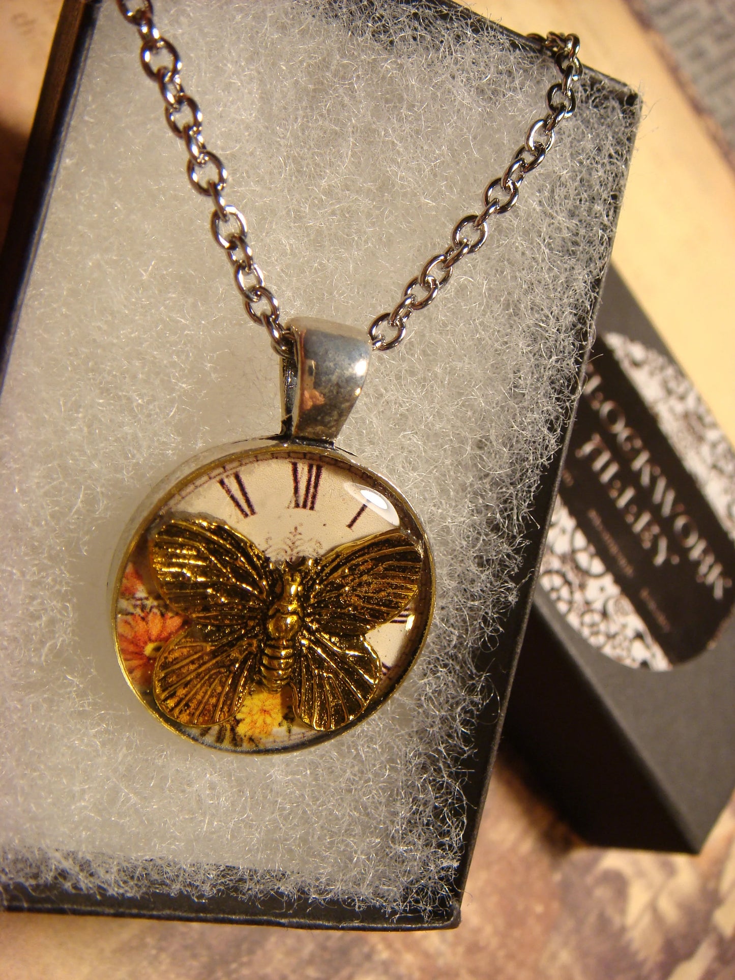 Butterfly over Floral Clock Small Pendant Necklace