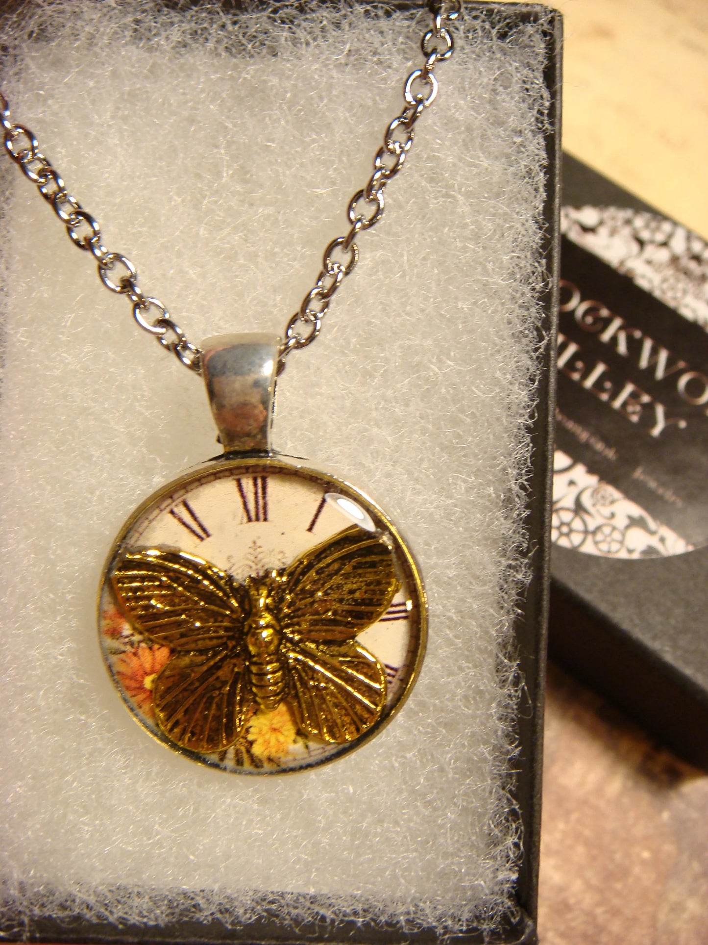 Butterfly over Floral Clock Small Pendant Necklace