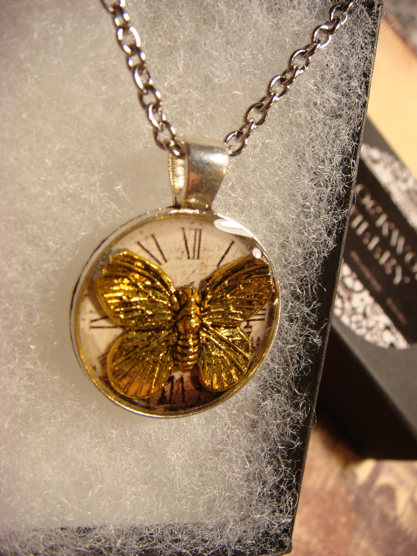 Butterfly over Victorian Clock Small Pendant Necklace