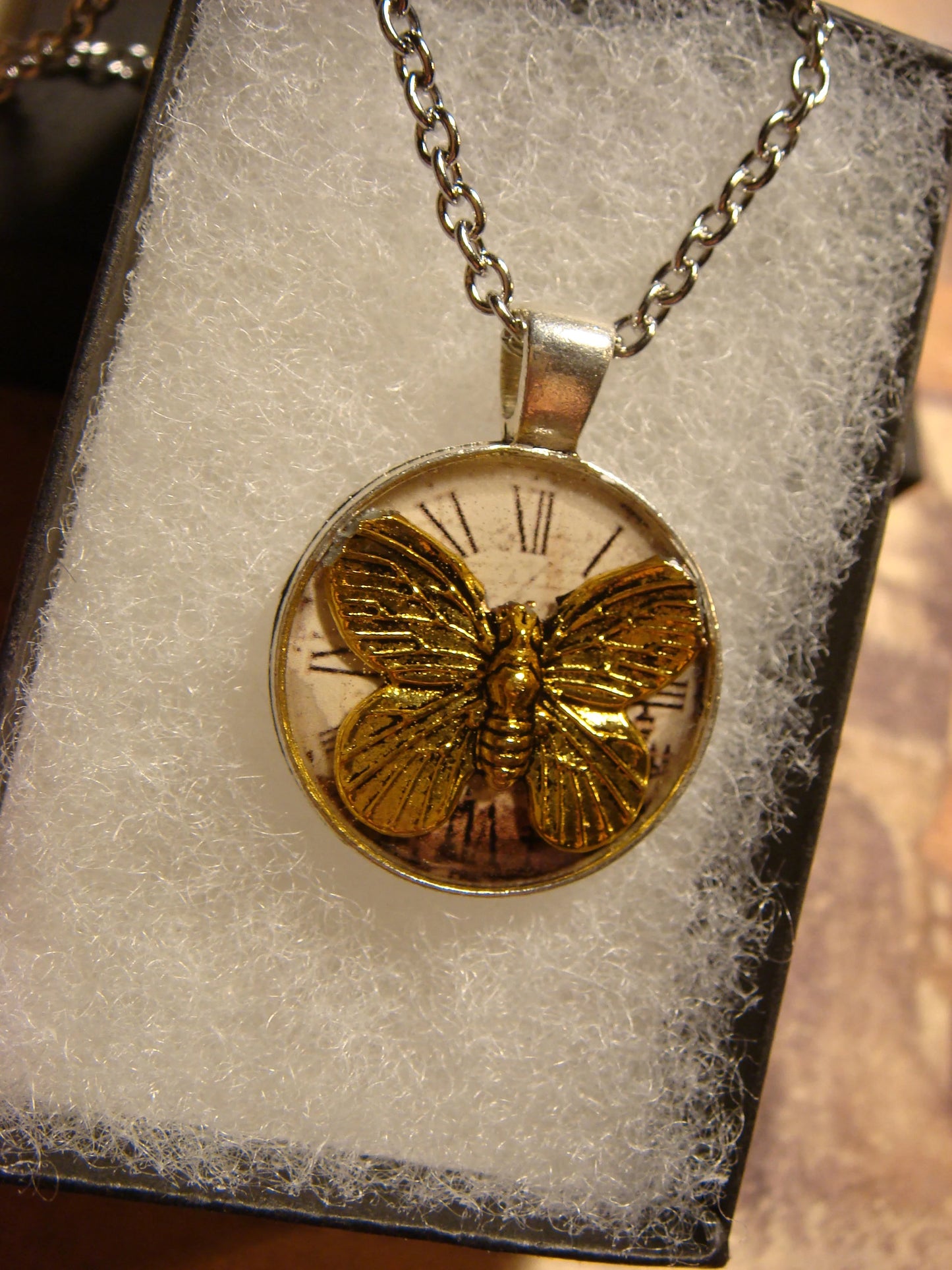 Butterfly over Victorian Clock Small Pendant Necklace