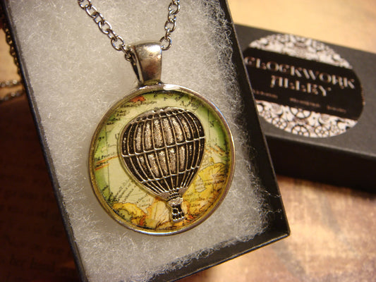 Hot Air Balloon over Map Pendant Necklace