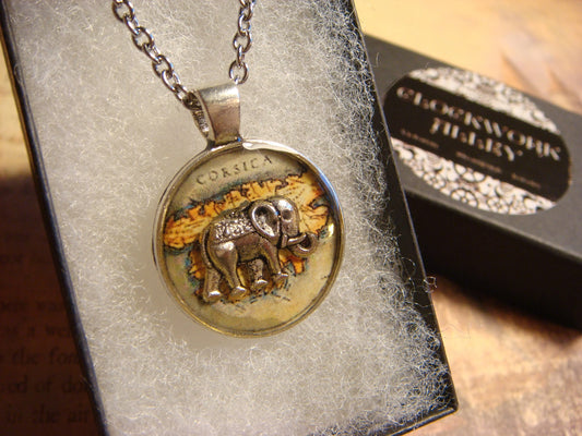 Elephant over Map Small Pendant Necklace