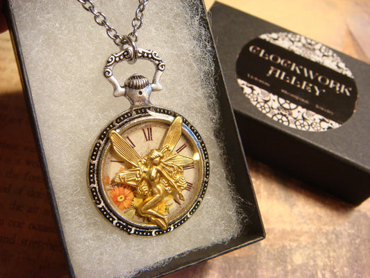 Fairy over Floral Clock Pocket Watch Pendant Necklace