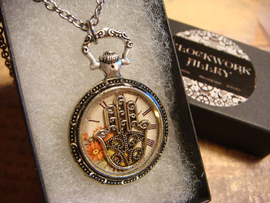 Hamsa over Floral Clock Pocket Watch Pendant Necklace