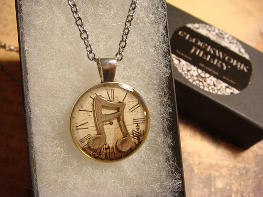 Music Notes over Victorian Clock Small Pendant Necklace