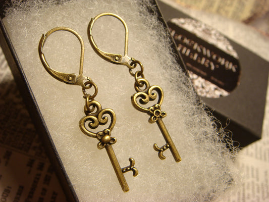 Key Dangle Earrings in Antique Bronze