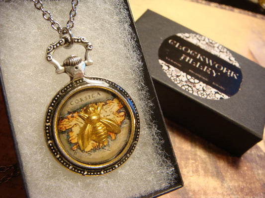 Bee over Map Pocket Watch Pendant Necklace