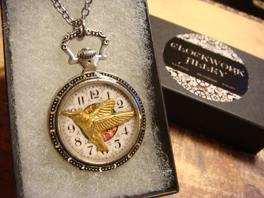 Hummingbird over Clock Pocket Watch Pendant Necklace