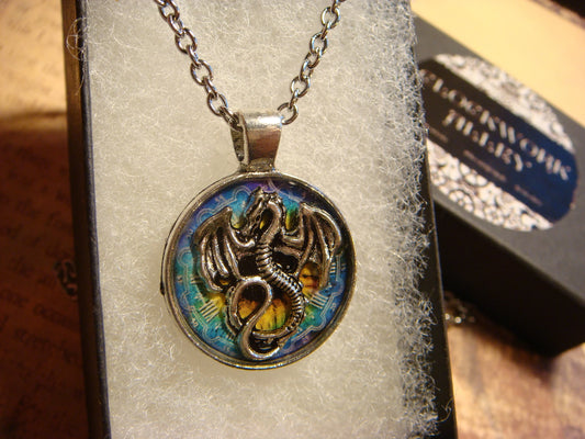 Dragon over Colorful Clock Small Pendant Necklace
