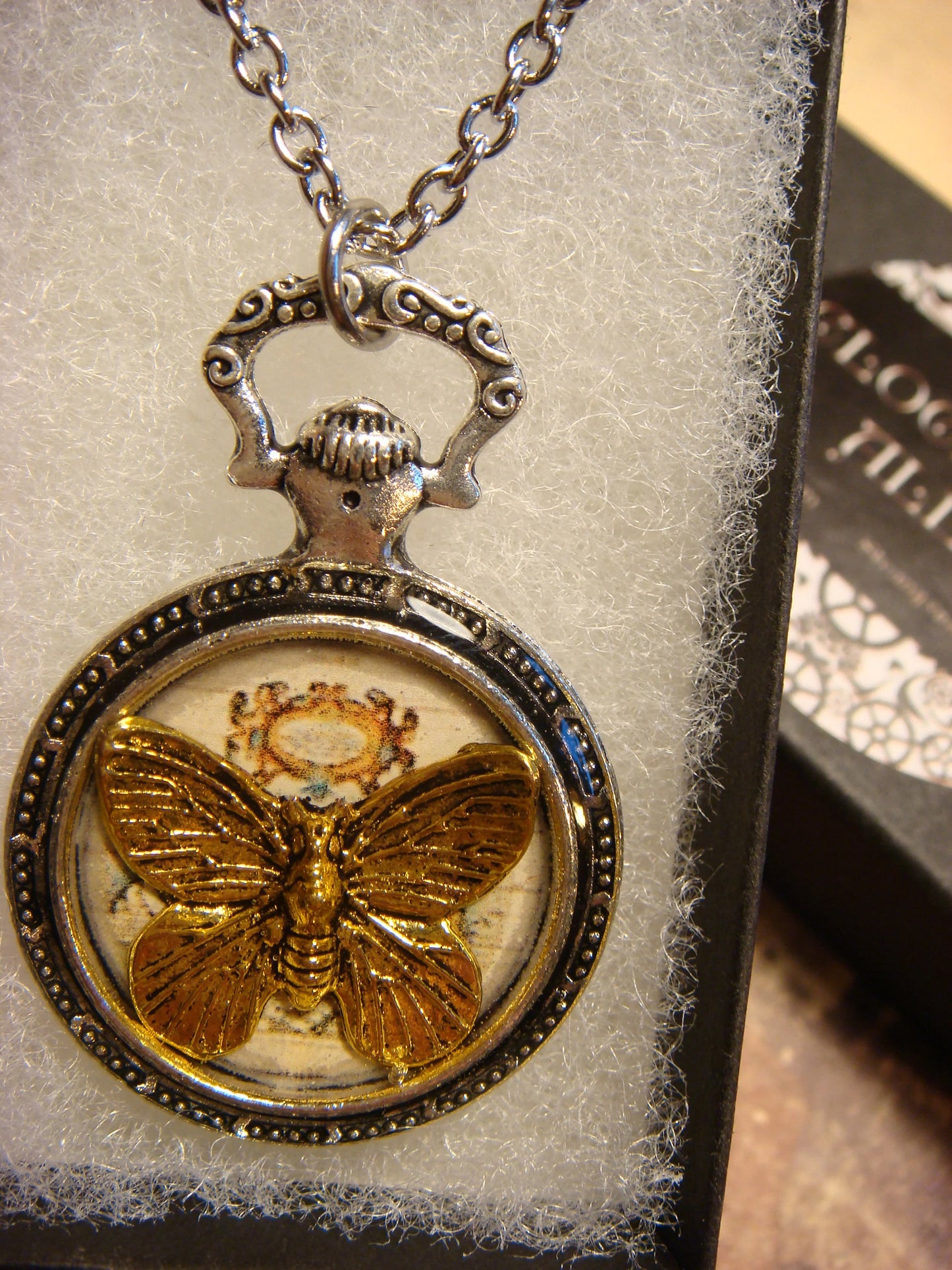 Butterfly over Map Pocket Watch Pendant Necklace