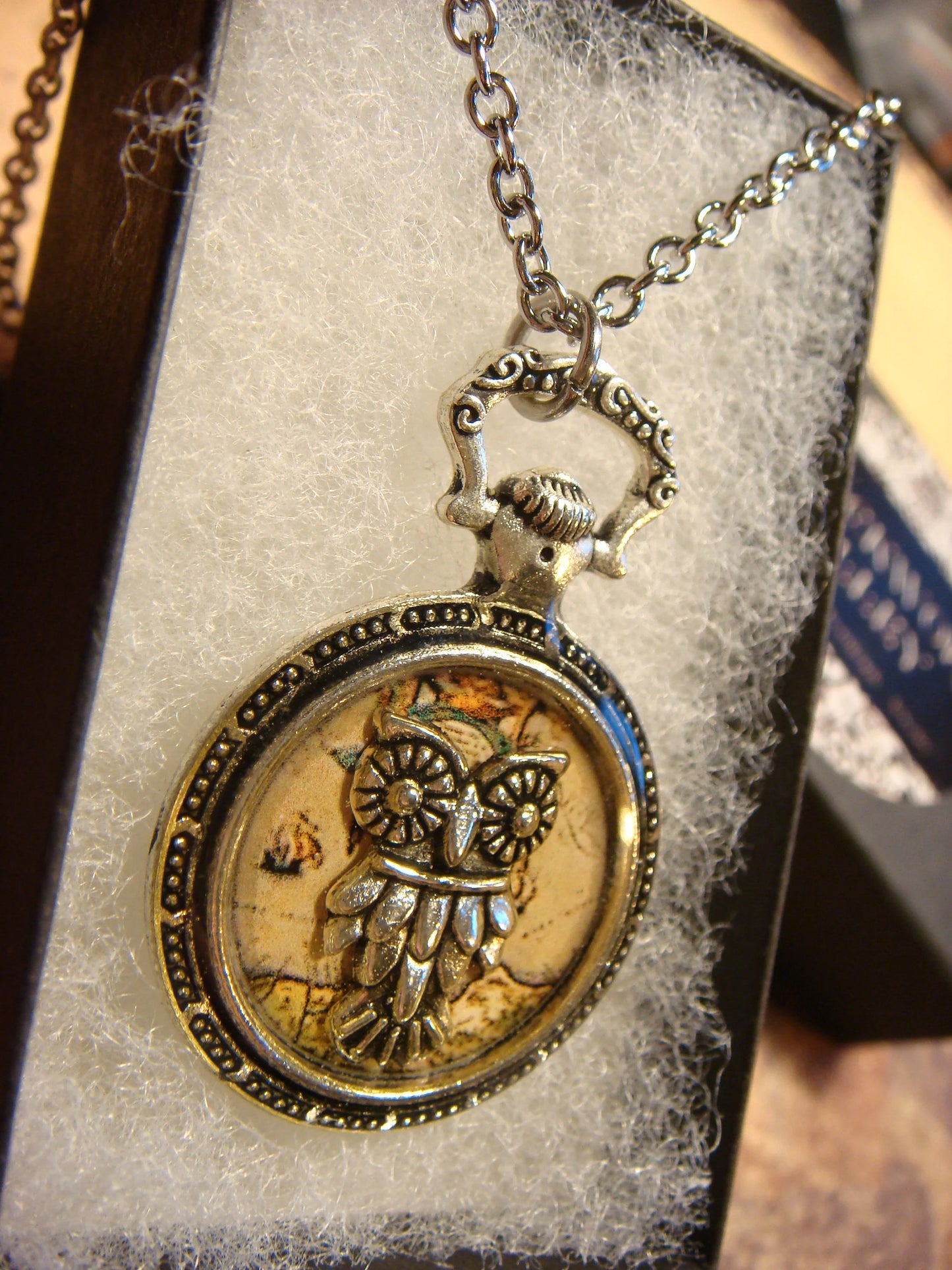 Owl over Map Pocket Watch Pendant Necklace