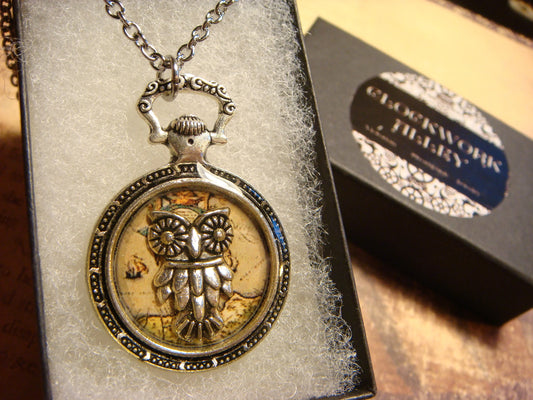 Owl over Map Pocket Watch Pendant Necklace