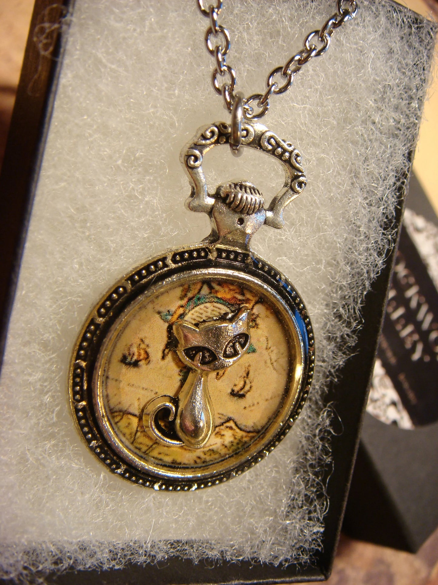 Cat over Map Pocket Watch Pendant Necklace