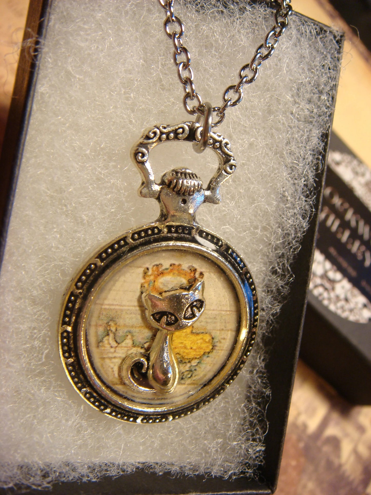 Cat over Map Pocket Watch Pendant Necklace