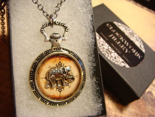 Elephant over Compass Pocket Watch Pendant Necklace