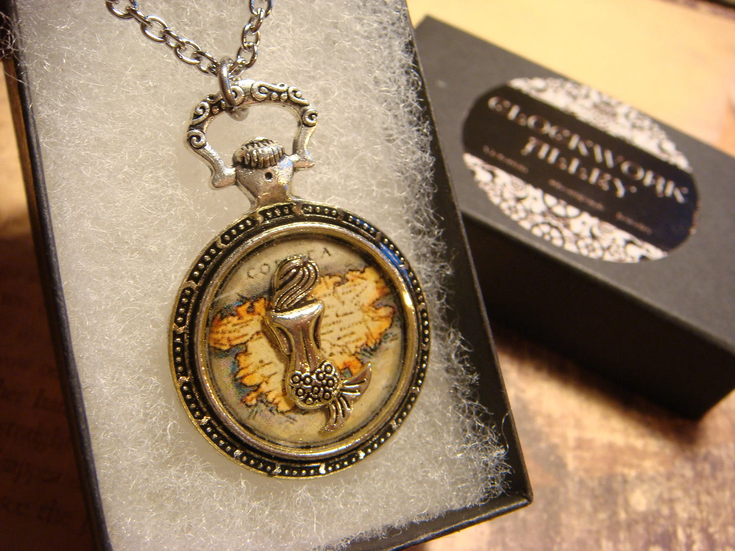 Mermaid over Map Pocket Watch Pendant Necklace