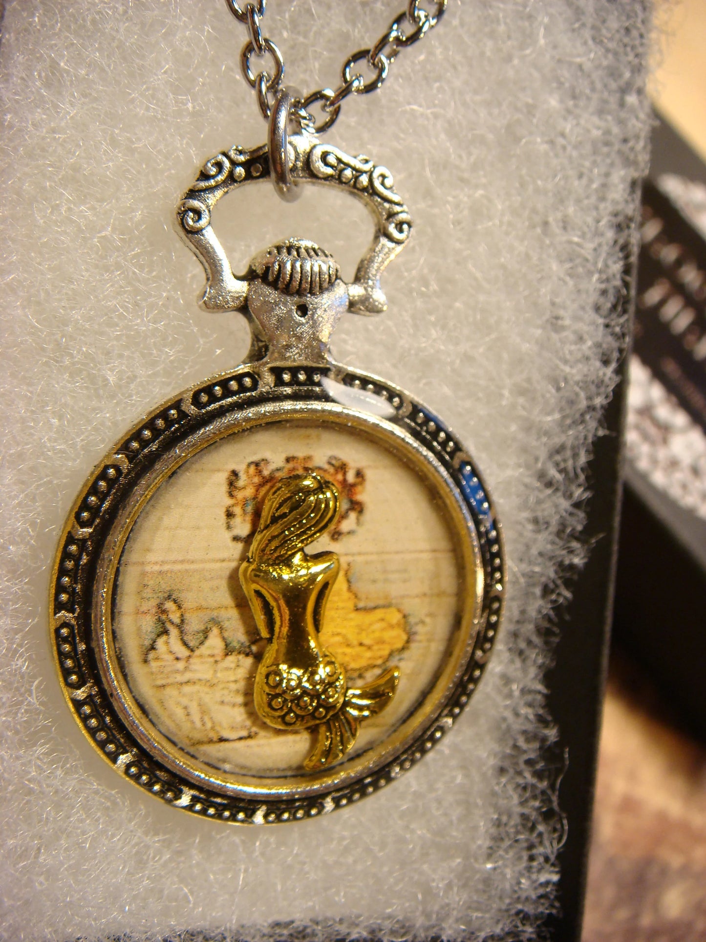 Mermaid over Map Pocket Watch Pendant Necklace